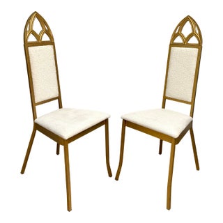 Pair of Hollywood Regency Gothic Revival Gold Dining or Accent Chairs in Ivory Bouclé For Sale