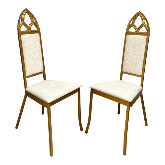 Pair of Hollywood Regency Gothic Revival Gold Dining or Accent Chairs in Ivory Bouclé For Sale