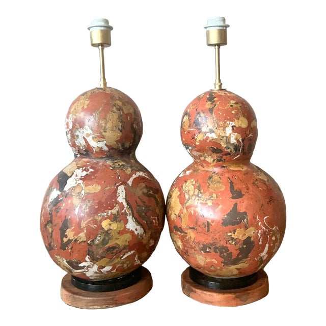 Vintage Boho Hand Painted Scagliola Lamps - A Pair For Sale