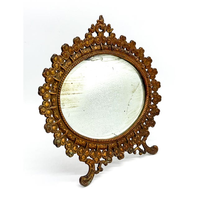 Antique Victorian Gilt Metal Table Mirror – Clover & Floral Frame – Rococo Revival / English Cottage For Sale - Image 17 of 17