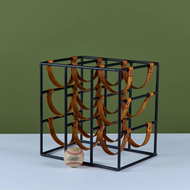 Arthur Umanoff Mid 20th Century Arthur Umanoff Wrought Iron and Leather Wine Rack For Sale - Image 4 of 17