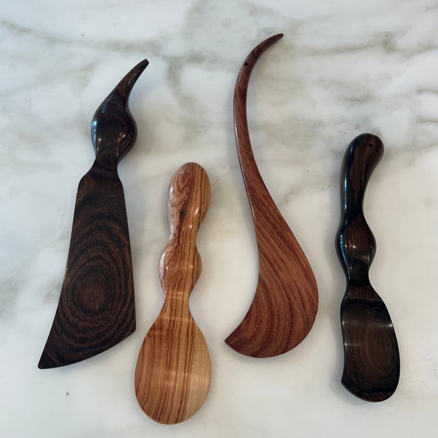 Modernist Tom O. Reed Hand Crafted Exotic Wood Species Serving Utensils- Set of Four For Sale - Image 4 of 4
