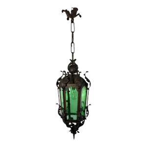 Early 20th Century French Wrought Iron and Green Glass Hexagonal Pendant Lantern
