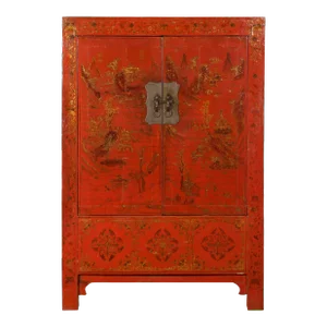 19th Century Qing Dynasty Red Lacquer & Gilded Chinoiserie Décor Cabinet