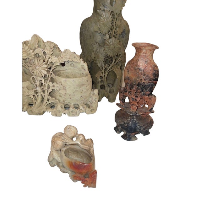 Stone Eight Vintage Chinese Soapstone Carved Brush Pots & Vessels. Early 20th Century. For Sale - Image 7 of 8