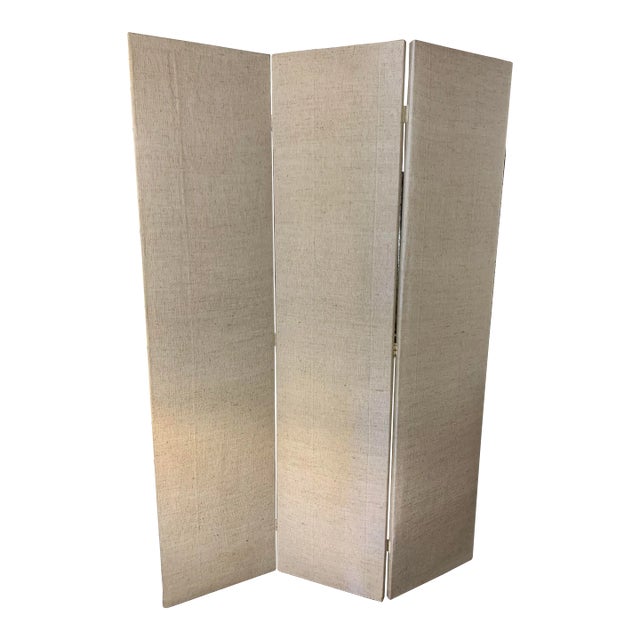 Vintage Mid 20th Century Linen Three Panel Screen For Sale