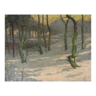 Early 20th Century Snowy Winter Forest at Sunset Painting For Sale