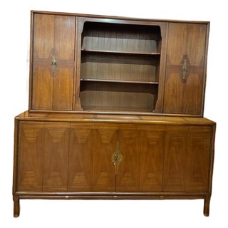 1950s Walnut Chinoserie China Cabinet W/Asian Inspired Hardware For Sale