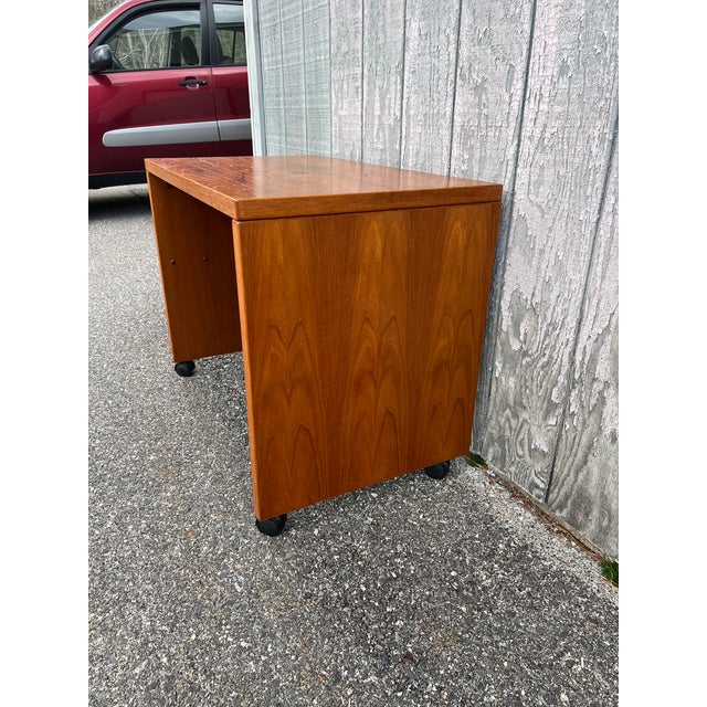 Danish Modern Teak Writing Desk With Finished Back on Castor Wheels For Sale - Image 4 of 13