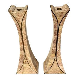 Vintage Tall Maitland-Smith Casa Bique Pink Tessellated Stone Column Candle Holders, Unmarked - A Pair
