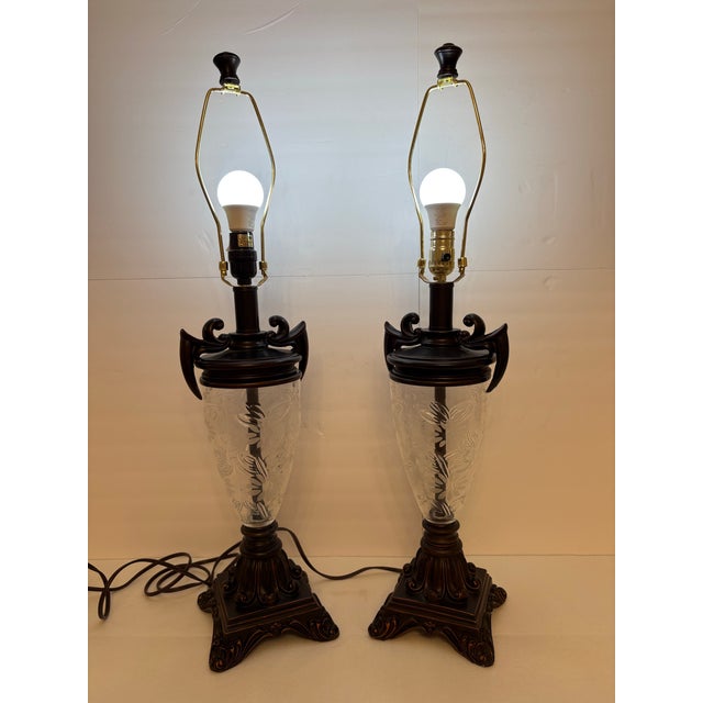 Mid 20th Century 1980's Vintage Neoclassical Faux Bronze and Etched Glass Urn Table Lamps - A Pair For Sale - Image 5 of 5