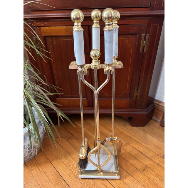 1980s Italian White Marble and Brass Fireplace Tools on Stand, Set of 5 For Sale - Image 6 of 9