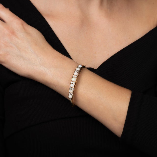 White Antique Victorian Opal Diamond Bangle Bracelet 14k Yellow Gold Fine Jewelry For Sale - Image 8 of 8