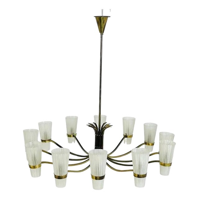 Brass & Murano Glass 12-Arm Chandelier by Stilnovo, Italy 1970's For Sale
