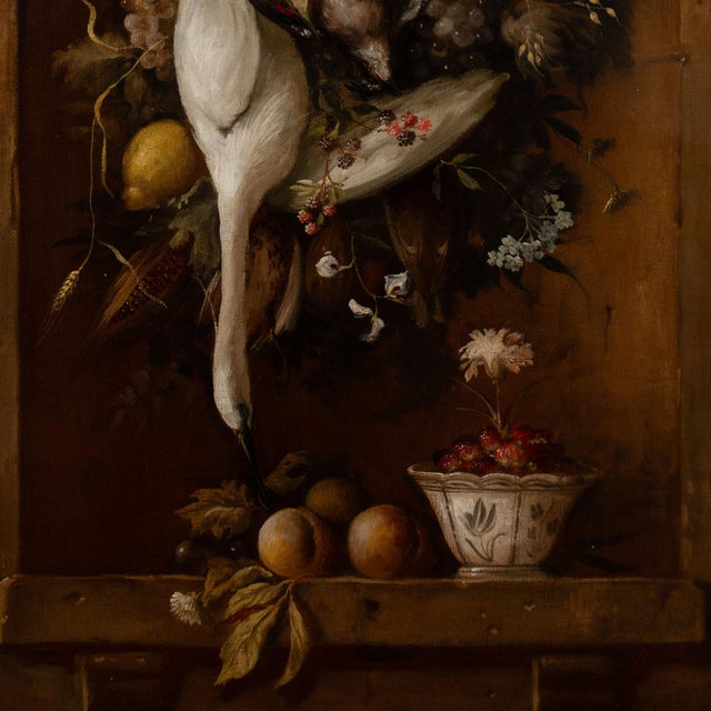 Wood Original Oil on Canvas Still Life Painting of Foul, Flowers, and Fruit From Portugal For Sale - Image 7 of 10