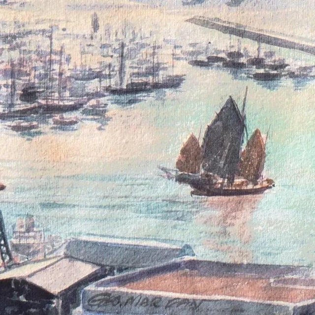 Signed lower center, 'Geo Marzan' and painted circa 1965. Panoramic sunset view of Causeway Bay, Hong Kong, with numerous...