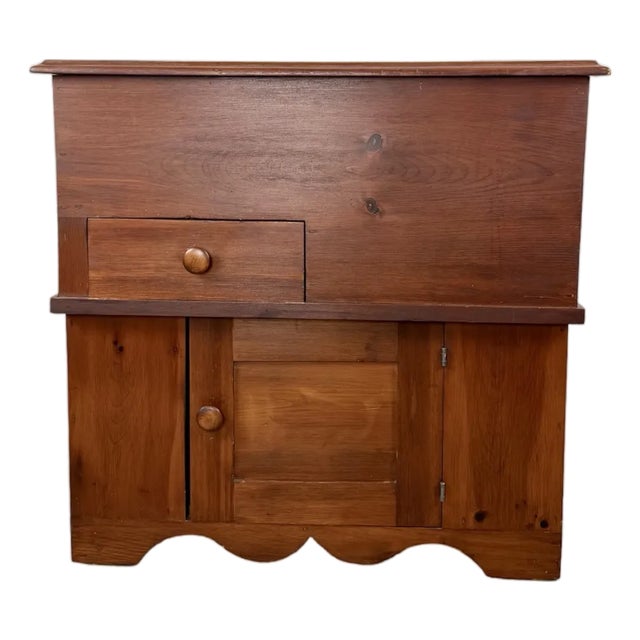 Primitive Pine Farmhouse Drysink Cabinet With Green-Lined Lift Top For Sale