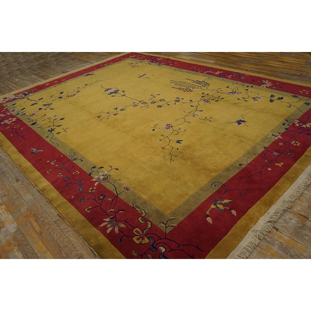 Art Deco Surprising Saffron Background and Red-Raspebery Border With Tiny Sprays Floral Design Antique Chinese Art Deco Rug For Sale - Image 3 of 12