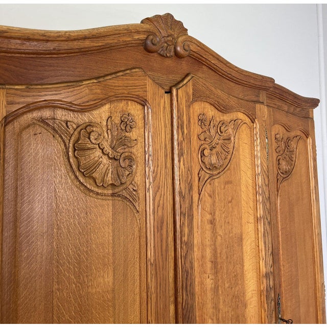 Vintage Louis XVI French Oak Four Door Carved Wardrobe For Sale - Image 4 of 12
