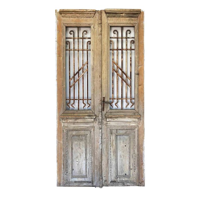 Wood Antique Entry Doors With Wrought Iron Window Grilles - A Pair For Sale - Image 7 of 7