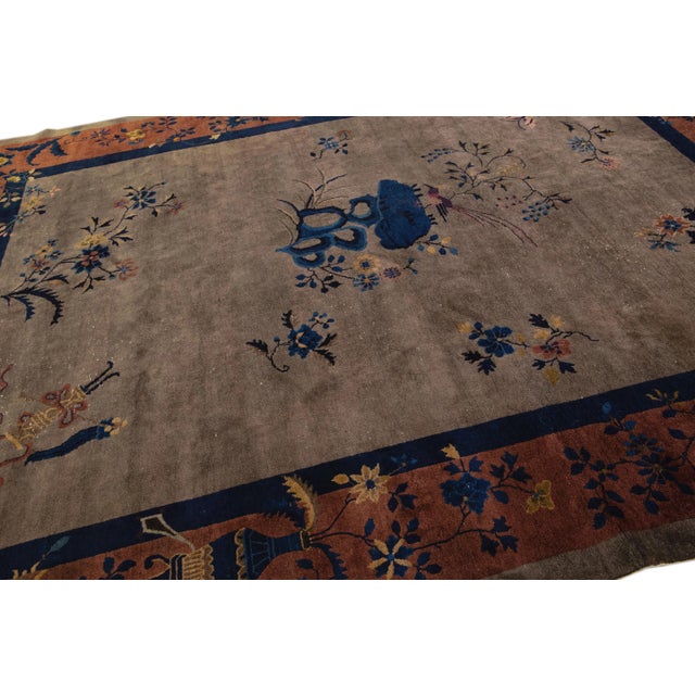 Art Deco Handmade Floral Chinese Motif Wool Rug For Sale - Image 9 of 10