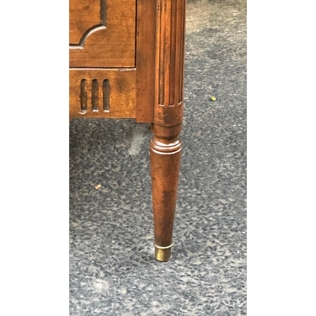 Vintage Baker French Louis XVI Style Console Chest | Flamed Walnut 2-Drawer Commode With Bronze Mounts & Brass Sabots For Sale - Image 10 of 12