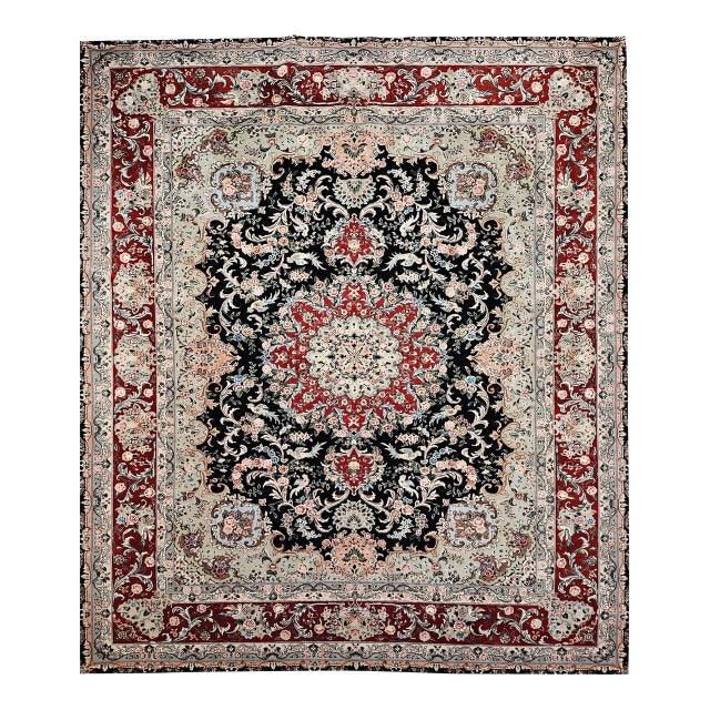 Vintage Persian Tabriz Rug, Hand-Knotted Wool & Silk, Floral Garden Pattern, Black & Red, 8x10 For Sale