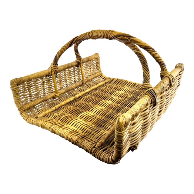 Oversized Vintage French Country Wicker Basket With Twisted Handle – Firewood or Blanket Storage For Sale