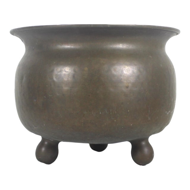 Footed Hammered Brass Planter Mid Century Modern For Sale