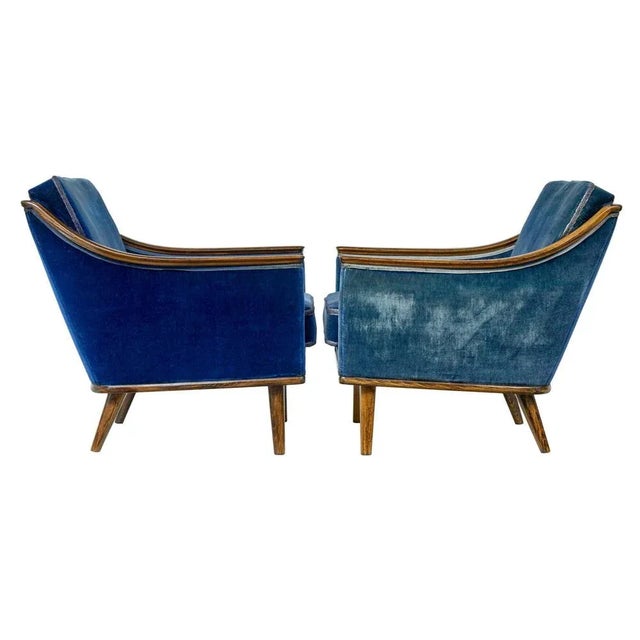 pair of mid century scandinavian armchairs circa 1960. Good quality pair of lounge armchairs upholstered in a blue crushed...