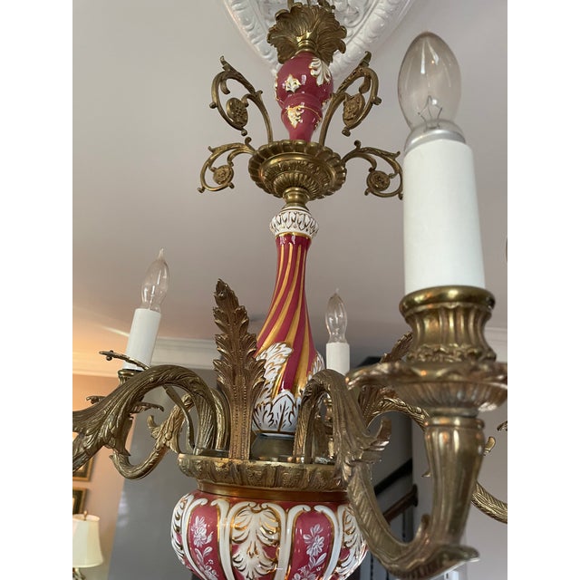 5 Light Brass and Ceramic Chandlier For Sale - Image 4 of 7