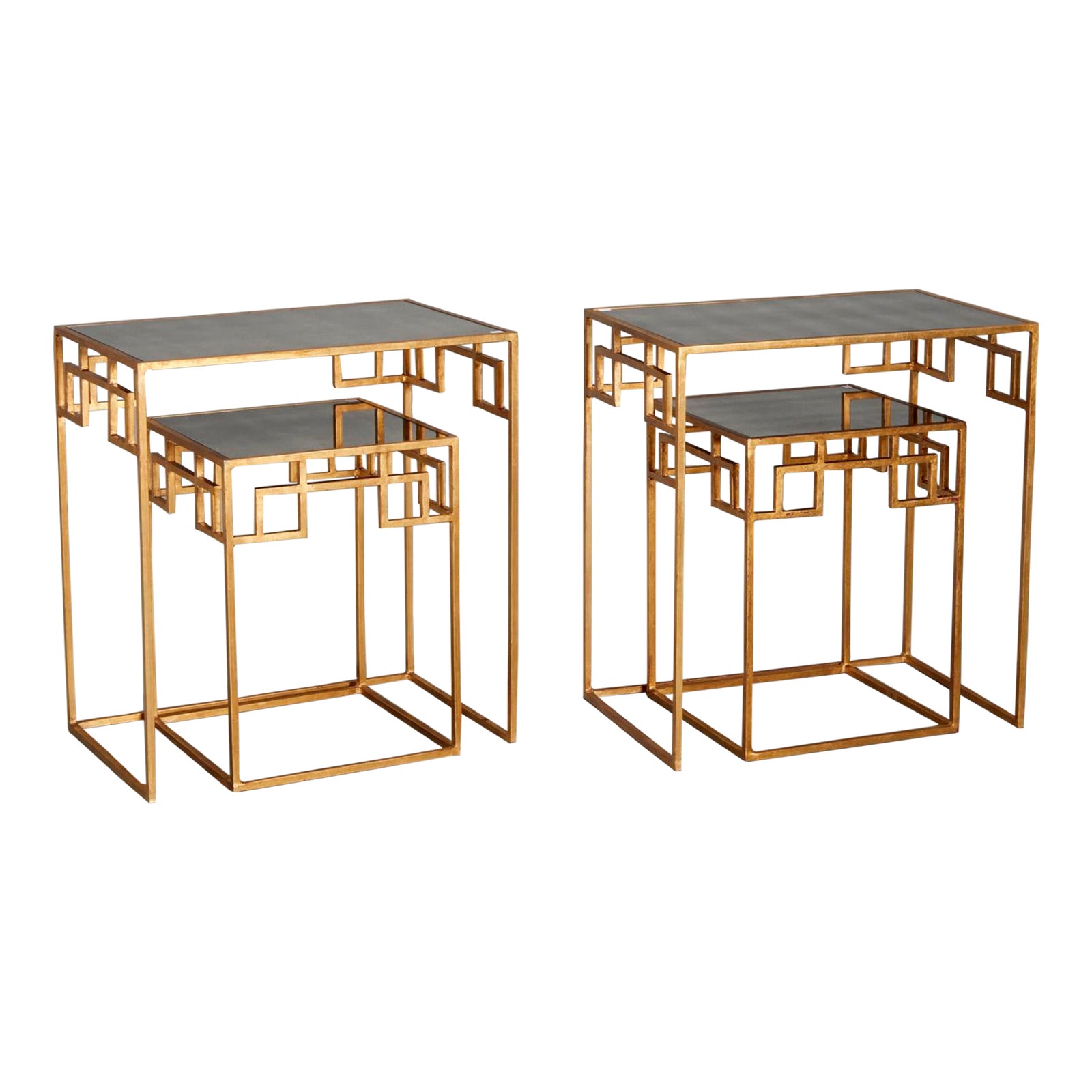 Pair Contemporary Gilt and Mirrored Glass Nesting Tables With Greek Key