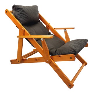 Vintage Adjustable Folding Chaise Lounge in Pine and Faux Leather, 1960s For Sale