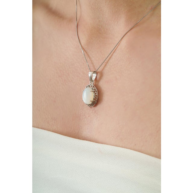 Bohemian Natural Oval Rainbow Moonstone & Sterling Silver Filigree Pendant For Sale - Image 6 of 12