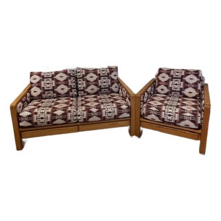 Reupholstered MCM Oak Loveseat and Chair Set For Sale