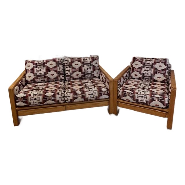 Reupholstered MCM Oak Loveseat and Chair Set For Sale
