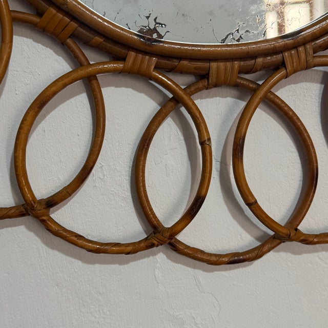 Vintage French Round Rattan Mirror, 1950s For Sale - Image 8 of 9