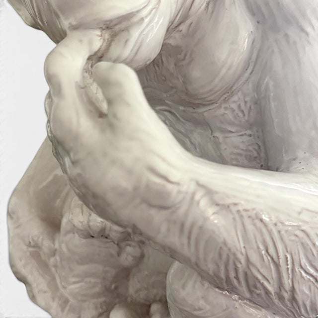 Vintage Italian Glazed Terracotta Monkey Sculpture in Contemplative Pose For Sale - Image 4 of 12