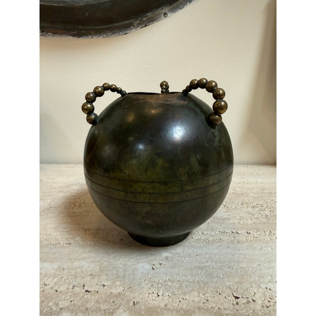Modern Sculptural Italian Patinated Brass Vase With Beaded Handles, 1970s For Sale - Image 3 of 7