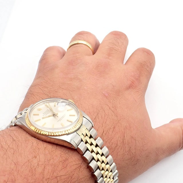 Silver 1970s Rolex Oyster Perpetual Watch Datejust 36mm Stainless 18k Gold Jubilee Band Mens For Sale - Image 8 of 11