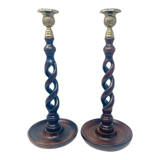 Mid-Century English Oak & Brass Open Barley Twisted Candlesticks - a Pair For Sale