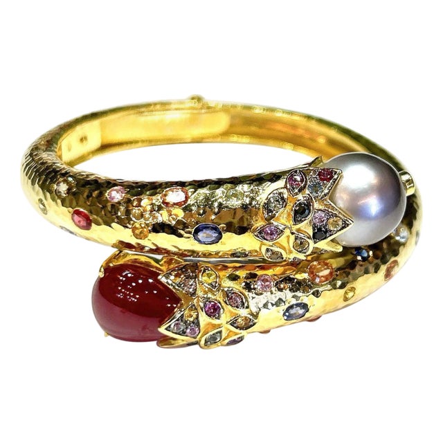 Bochic “Orient” South Sea Pearl, Ruby & Sapphire Bangle Set In 18K Gold & Silver For Sale
