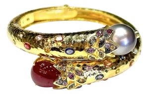 Bochic “Orient” South Sea Pearl, Ruby & Sapphire Bangle Set In 18K Gold & Silver
