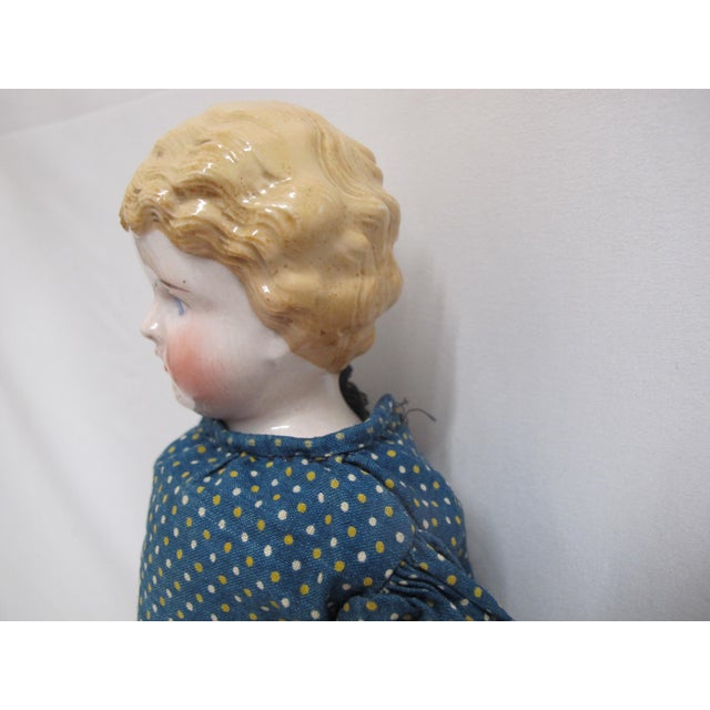 Animal Skin Antique German Colonial China Head Leather & Bisque Blonde Hair Blue Eye Doll For Sale - Image 7 of 12