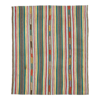 Vintage Turkish Oushak Handmade Wool Cotton Green Kilim Area Rug For Sale