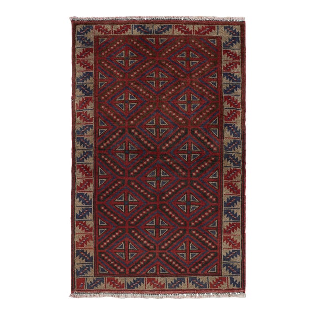 Rug & Kilim’s Baluch Tribal Rug With Red, Beige and Navy Blue Geometric Patterns For Sale