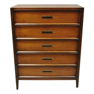 Vintage Drexel Mid Century Modern Walnut 5 Drawer Tall Chest Dresser Highboy For Sale