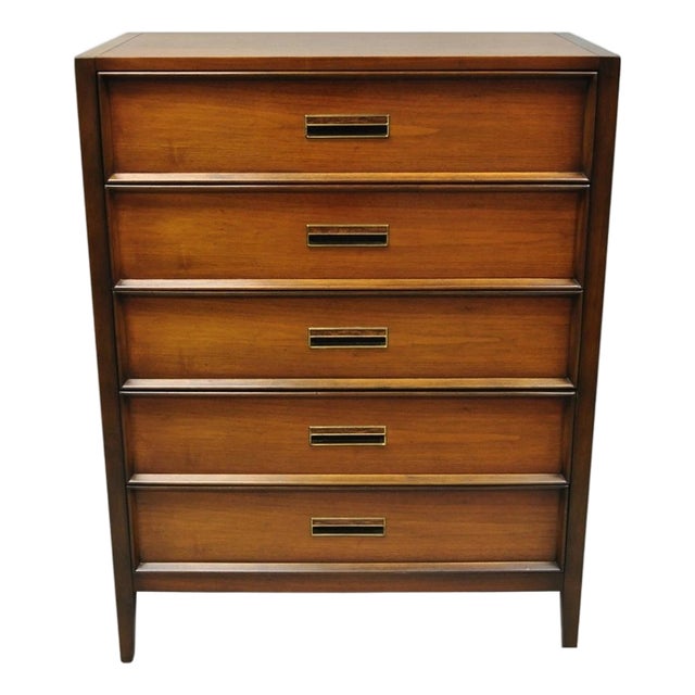 Vintage Drexel Mid Century Modern Walnut 5 Drawer Tall Chest Dresser Highboy For Sale