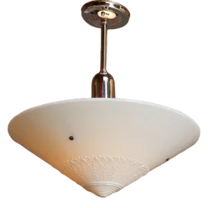 Art Deco Milk Glass Conical Pendant Ceiling Fixture With Embossed Leaf Motif