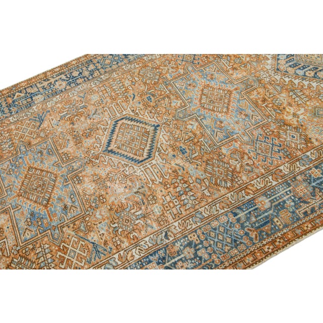 Orange Antique Heriz Handmade Wool Runner Featuring an Allover Geometric Motif For Sale - Image 4 of 9